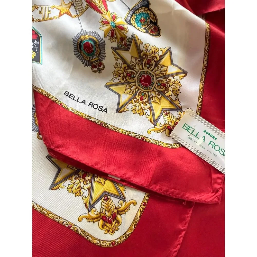 Vintage 1980s Bella Rosa Silk Scarf  Ivory Gold Medal Crest 35” Baroque Heraldic